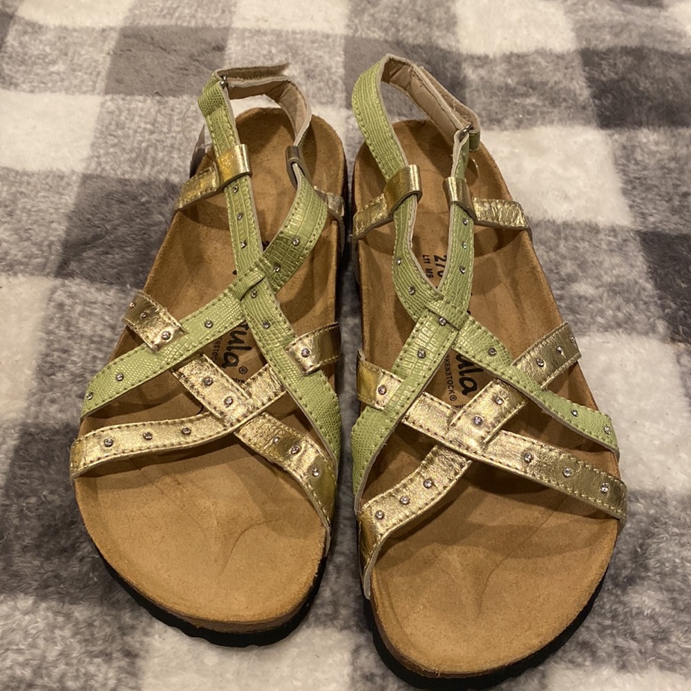 NWT Betula Birkenstock Sandals Cork Green Cross Strap Rhinestones size 42 - Picture 2 of 10